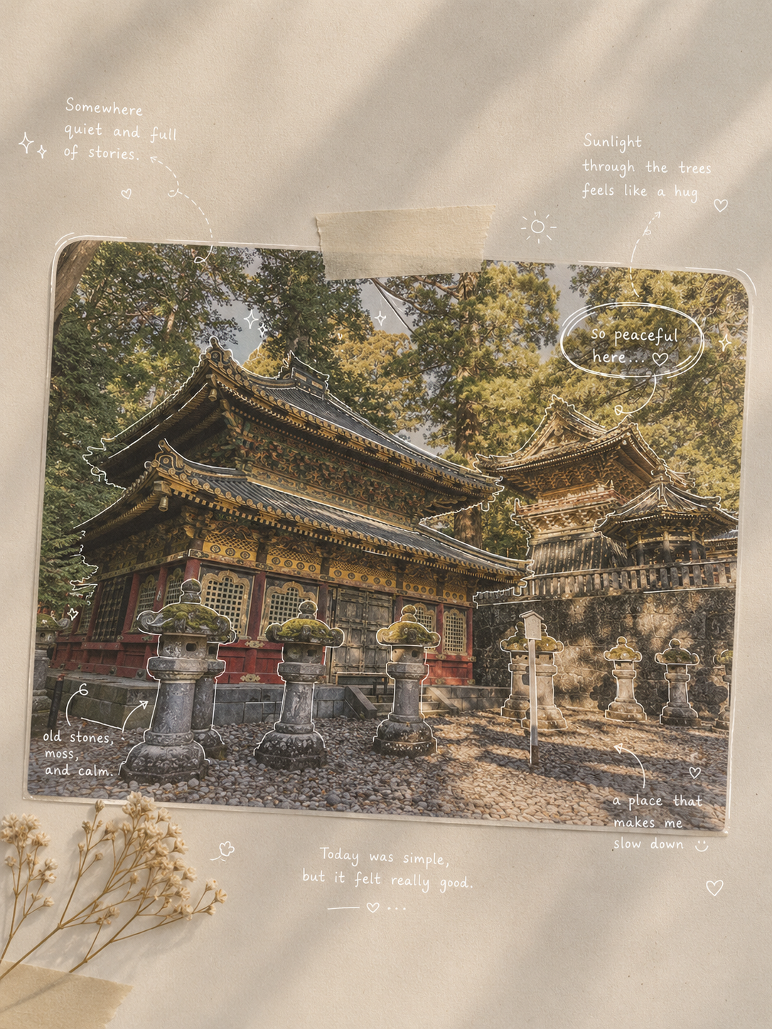 Doodle notes sample: cozy cafe scene with white sketch annotations and sparkles