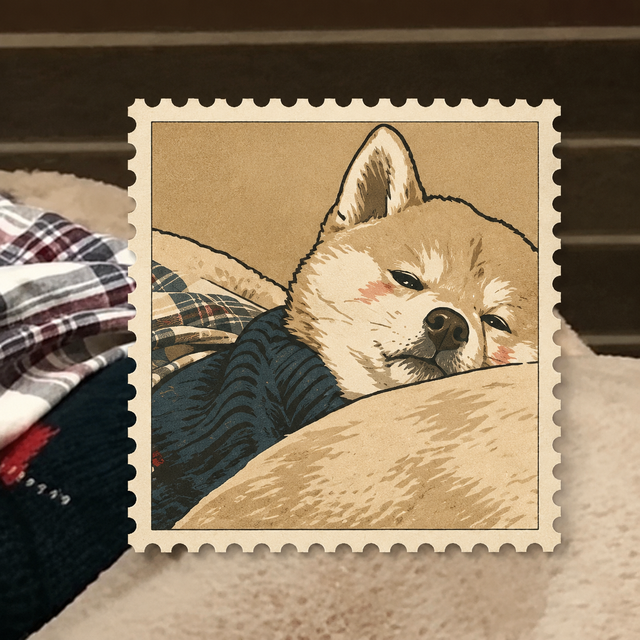 Postage stamp effect sample: vintage stamp illustration with graphic outlines and serrated border