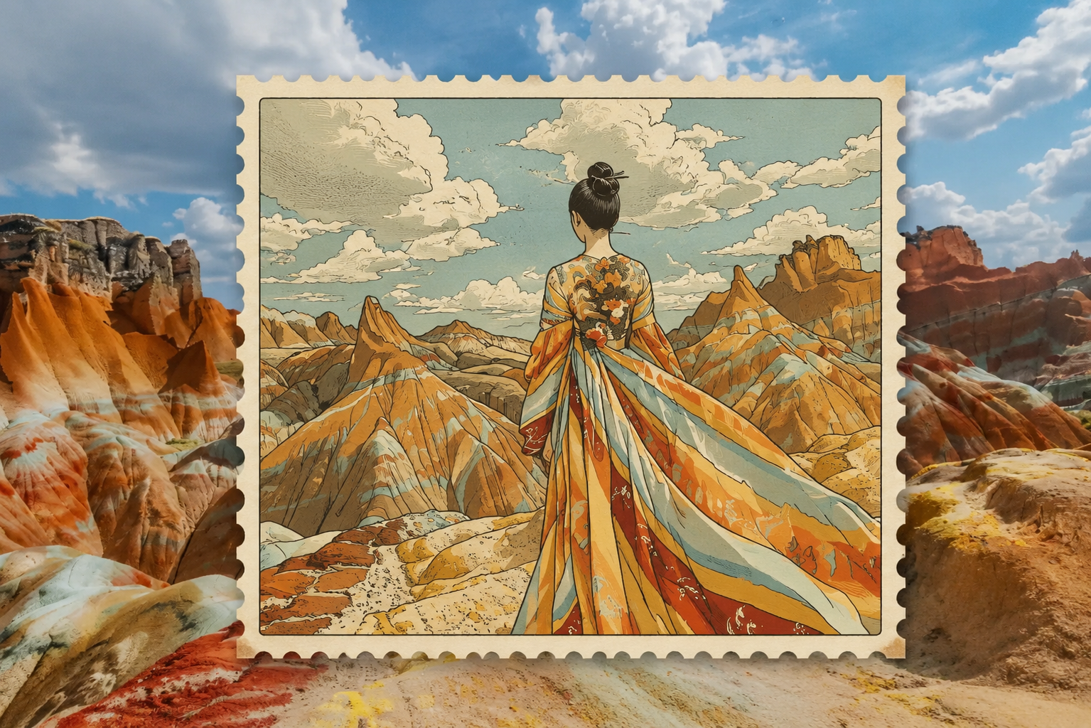 Postage stamp effect sample: composite mode pet stamp floating on real background
