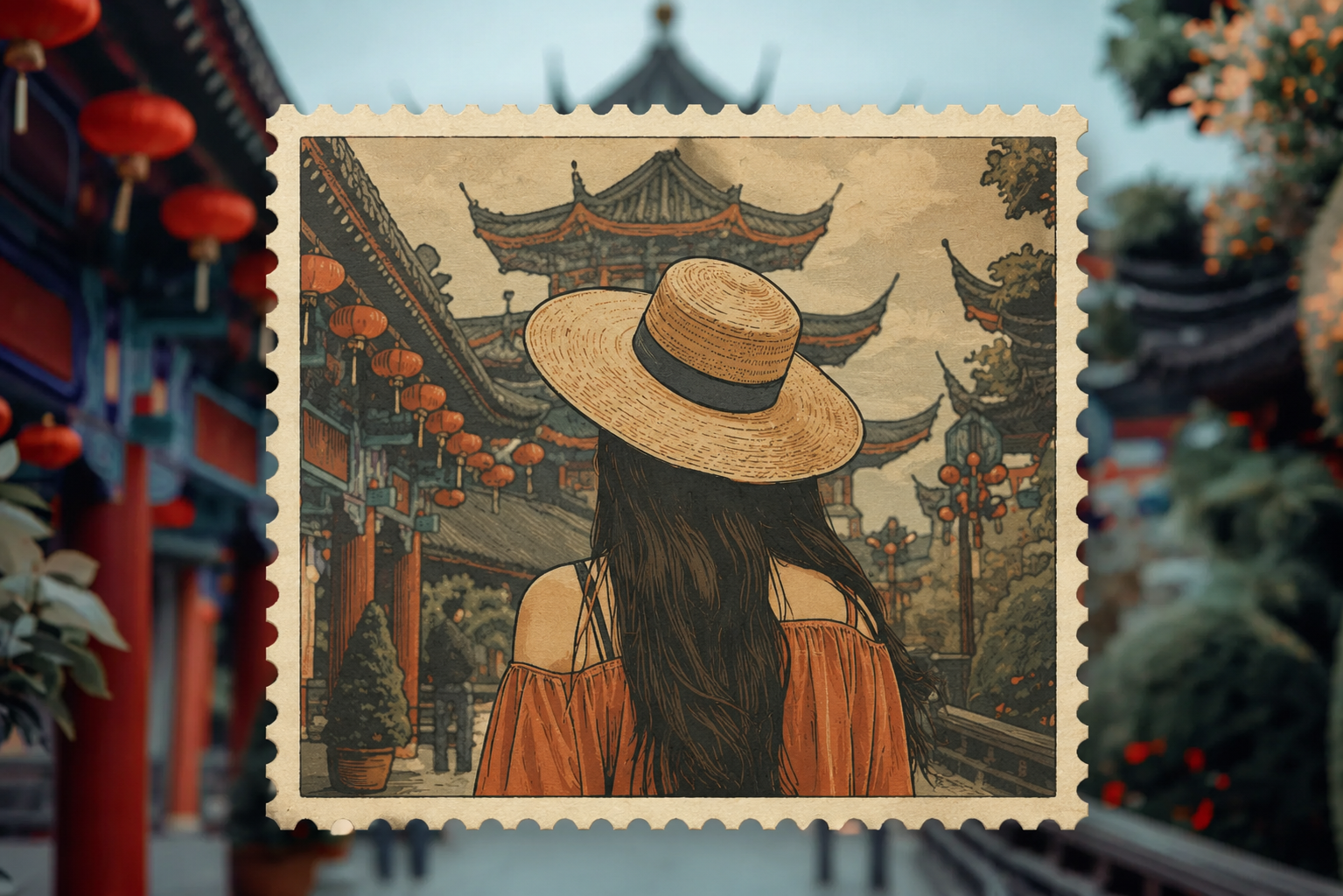 Postage stamp effect sample: vintage portrait stamp with serrated border and flat colors