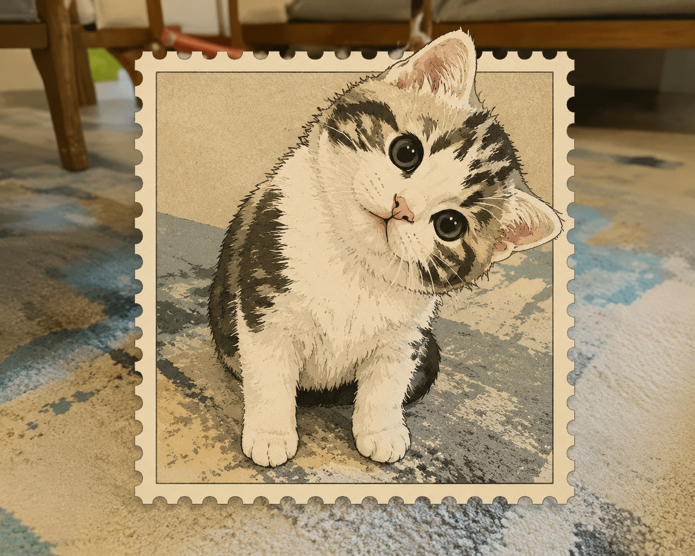 Postage stamp effect sample: street scene turned into vintage stamp with graphic outlines