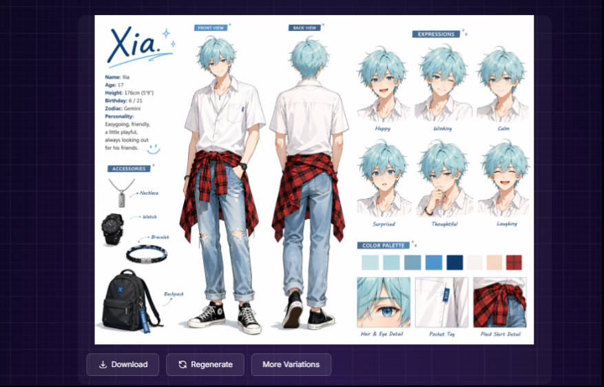 Xia のアニメキャラクターシート生成結果