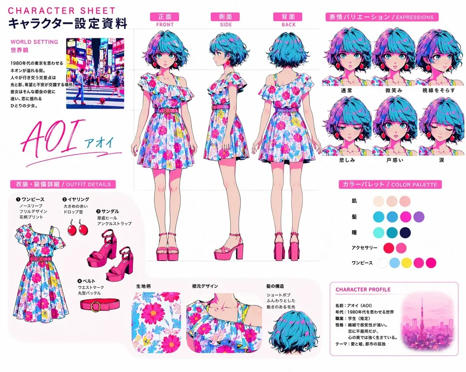 Anime character design sheet with front side back views and expression studies