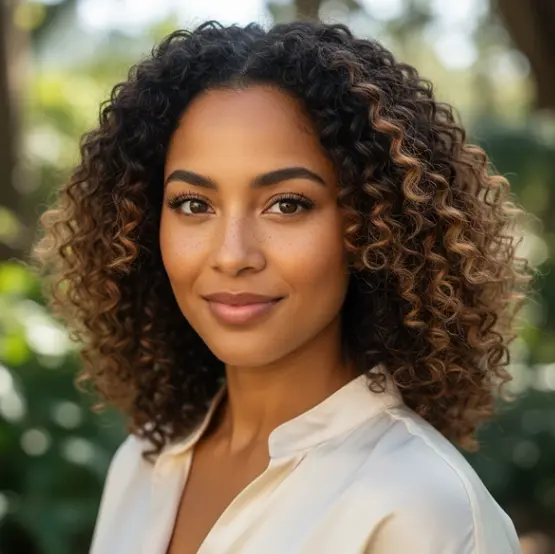 Outdoor curly hair headshot portrait with natural light and green bokeh
