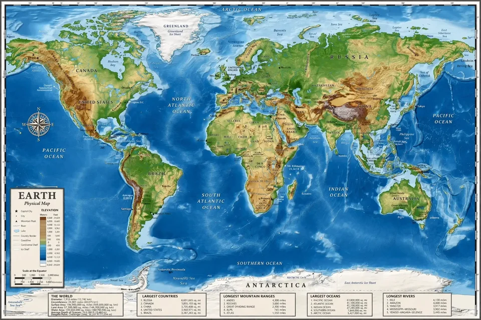 Earth physical world map infographic with terrain oceans and cartographic labels