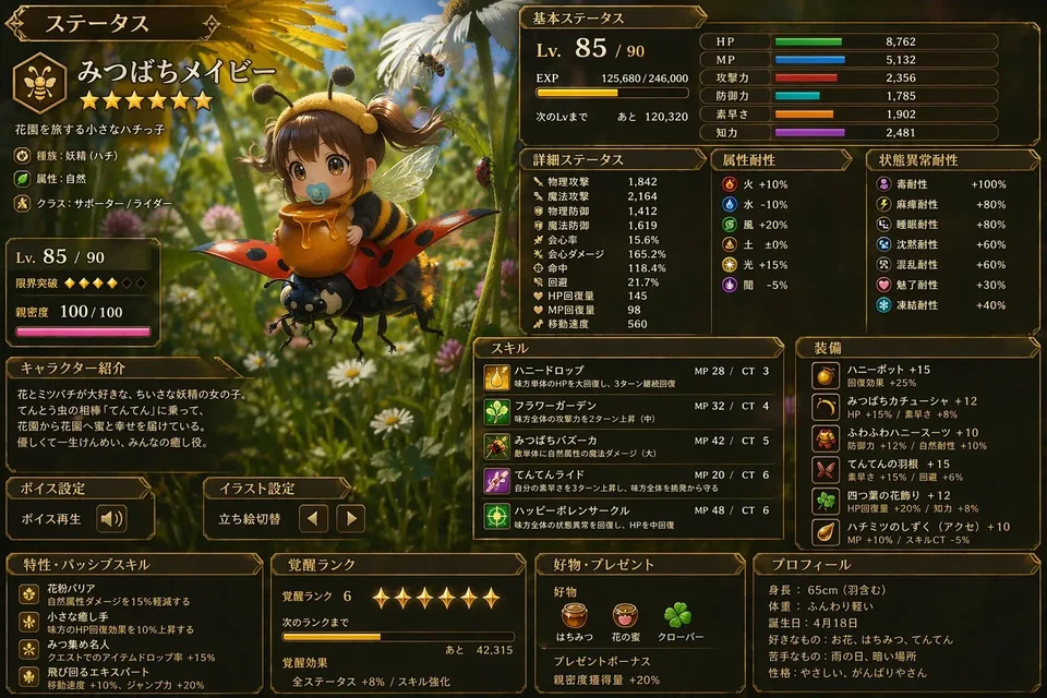 Fantasy bee girl RPG character status interface with ornate stat panels