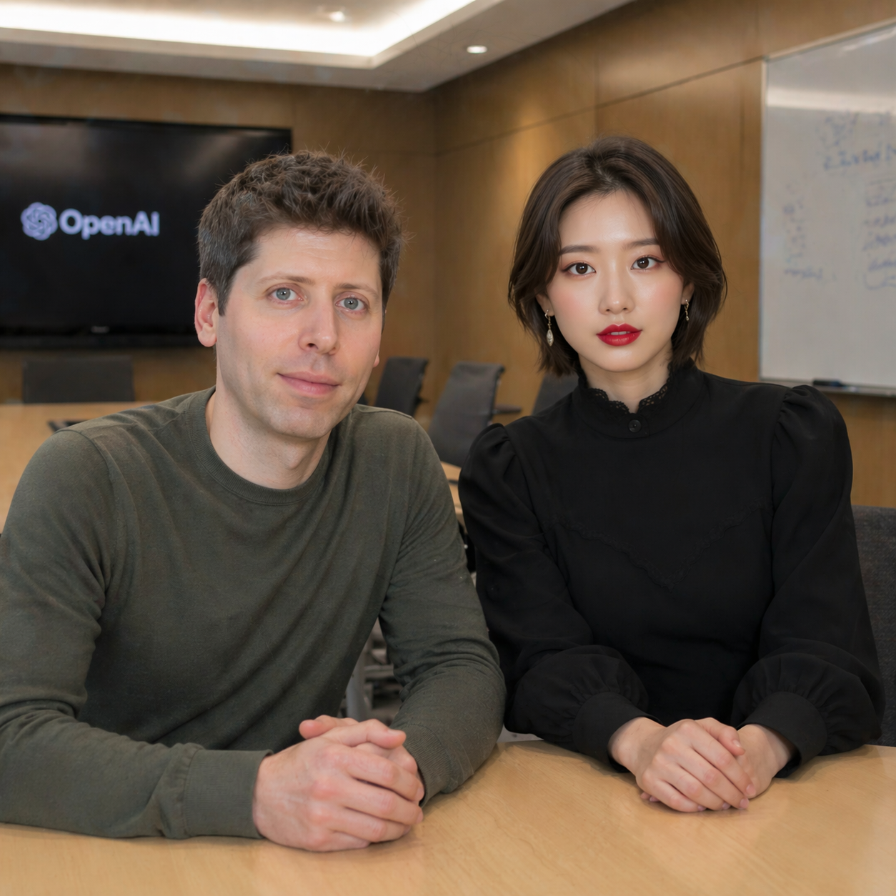 OpenAI office meeting portrait with two people seated at conference table