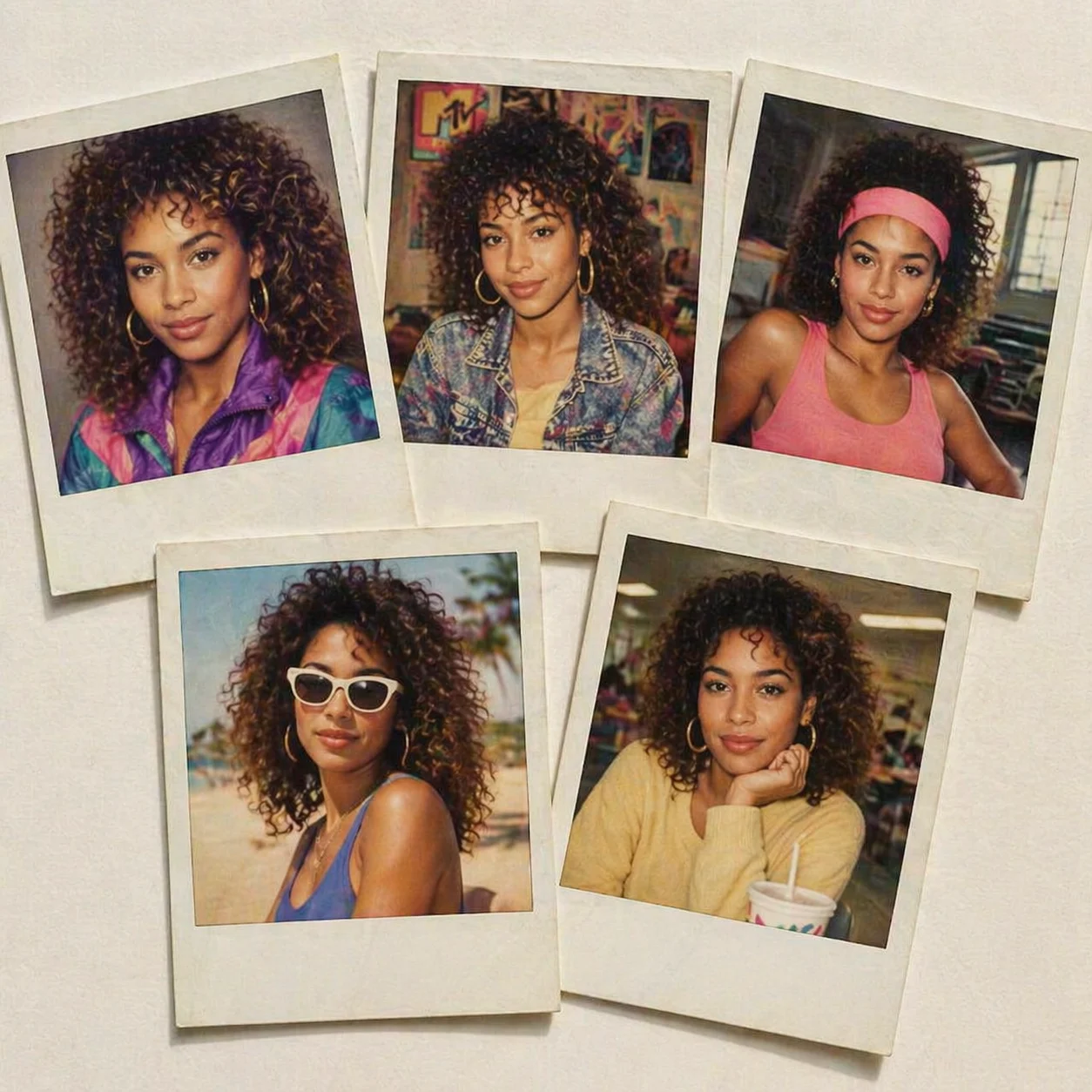 Retro polaroid collage of curly hair woman in multiple lifestyle portraits