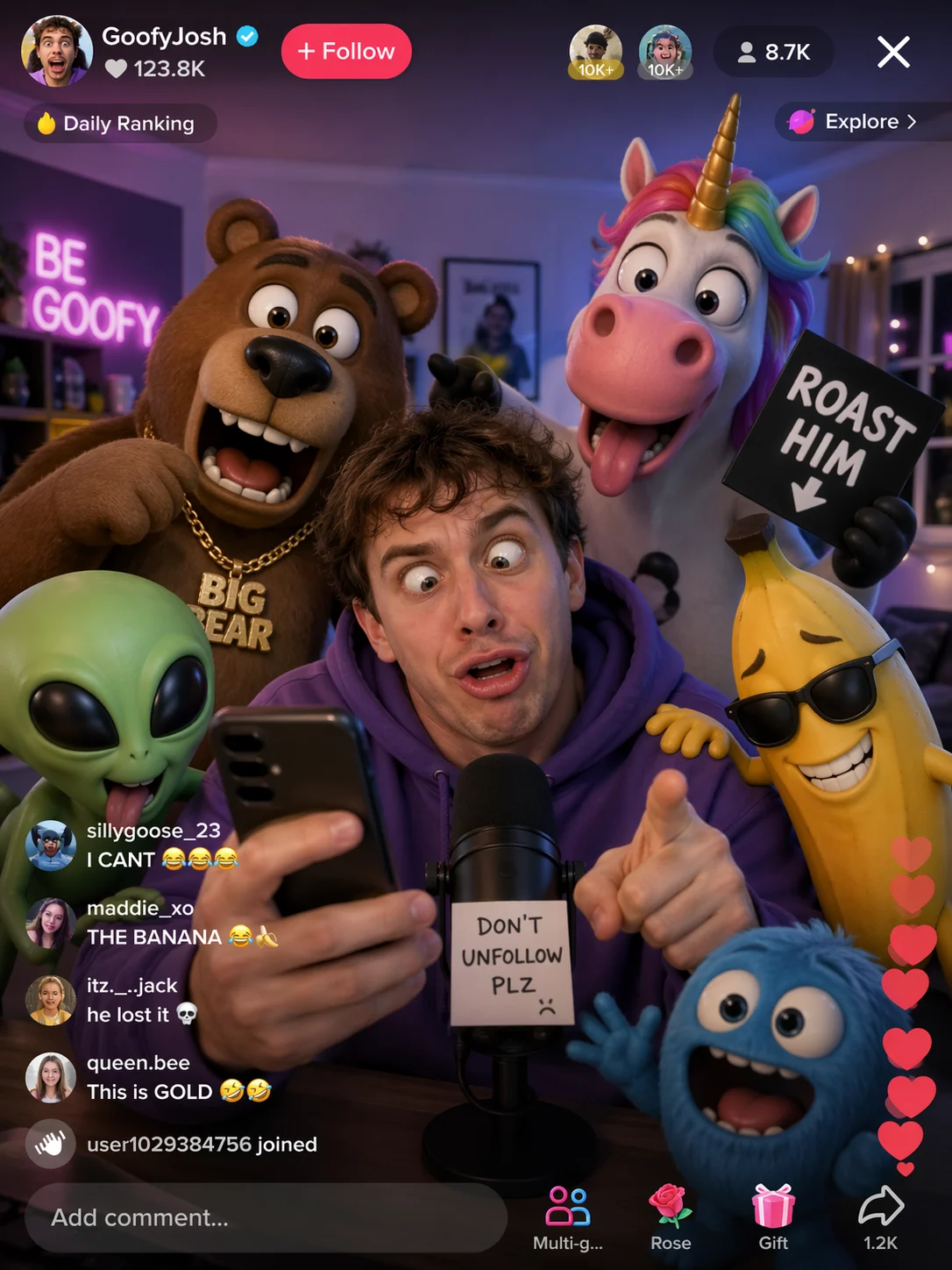 Funny social livestream scene with creator and colorful 3D mascot characters